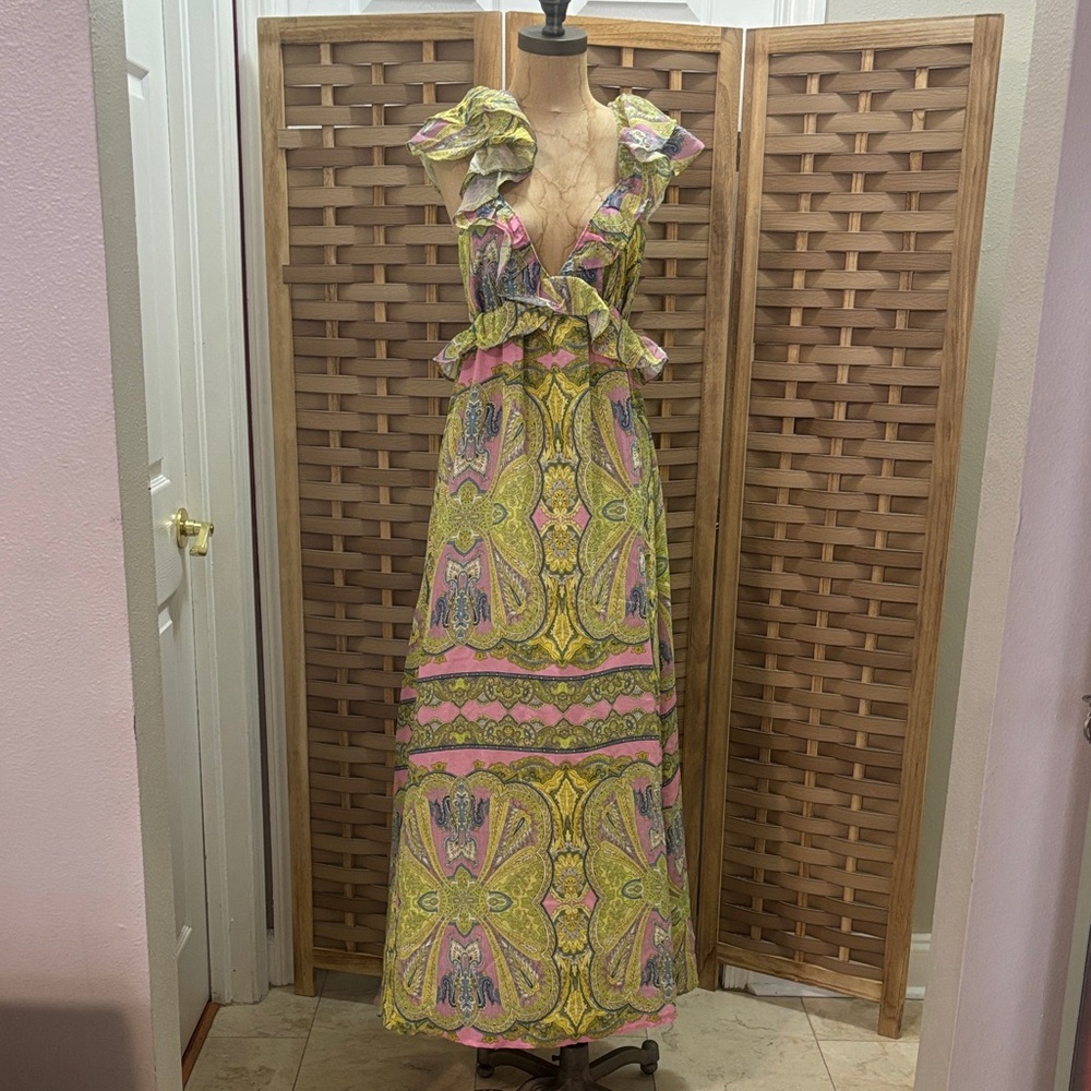 Ruffled V-Neck Maxi Dress in Pink & Yellow